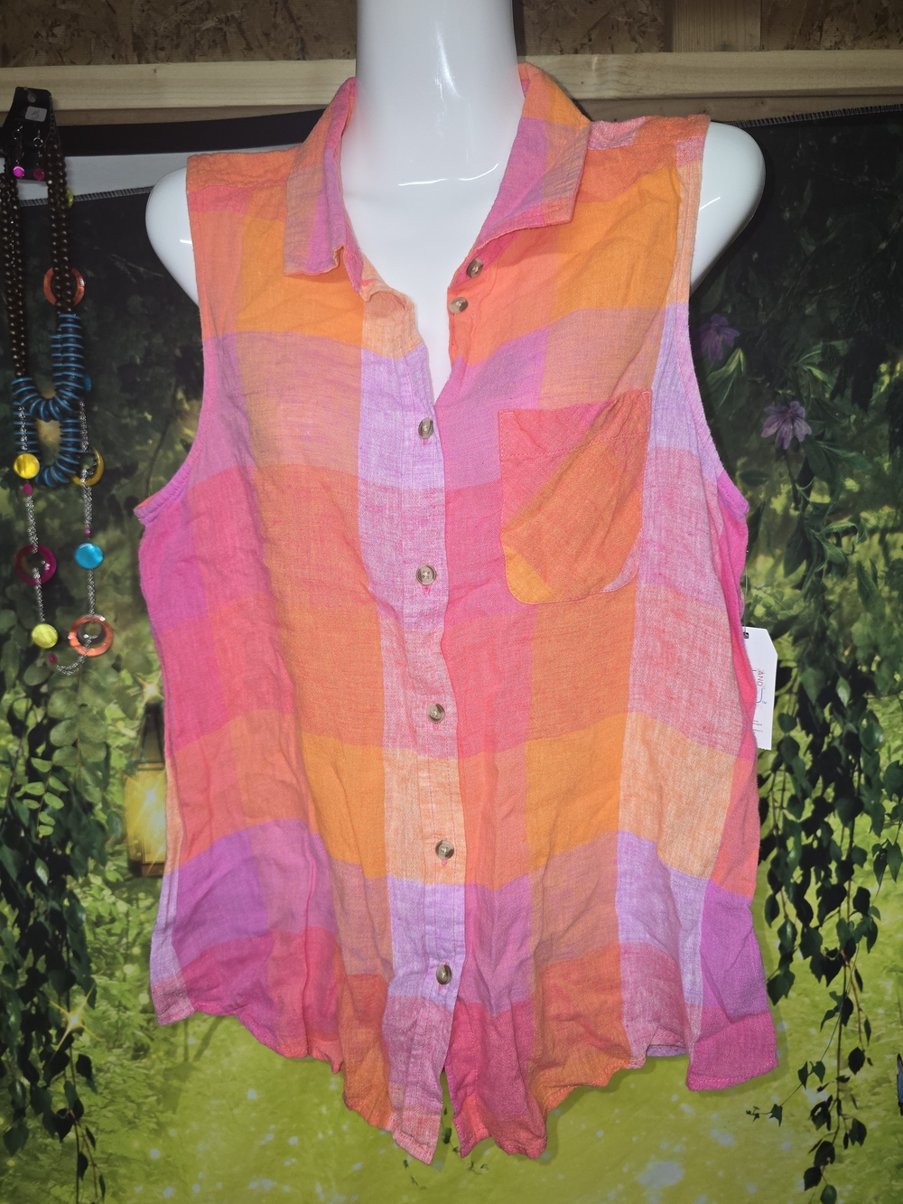 #175 Sleeveless Button-Front Plaid Top - Pink & Orange
